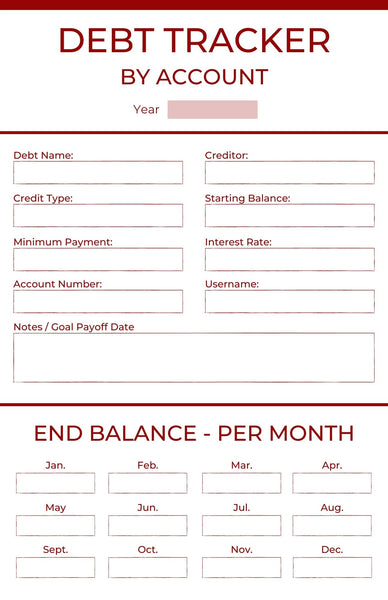 Debt Tracker by Account - Simple - Printable